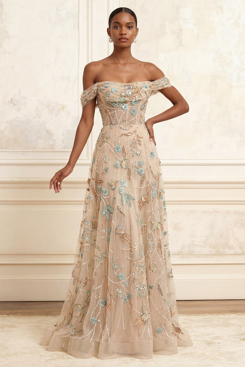 Laden Sie das Bild in den Galerie-Viewer, A Linie Glitzernder Champagner Perlenstickerei Langes Korsett Blumen Ballkleid