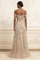 Laden Sie das Bild in den Galerie-Viewer, A Linie Glitzernder Champagner Perlenstickerei Langes Korsett Blumen Ballkleid