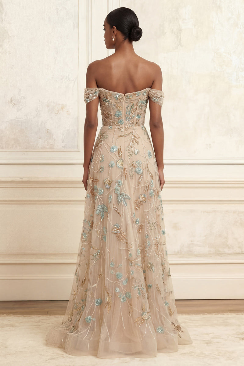 Laden Sie das Bild in den Galerie-Viewer, A Linie Glitzernder Champagner Perlenstickerei Langes Korsett Blumen Ballkleid