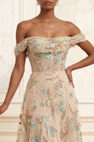 Laden Sie das Bild in den Galerie-Viewer, A Linie Glitzernder Champagner Perlenstickerei Langes Korsett Blumen Ballkleid