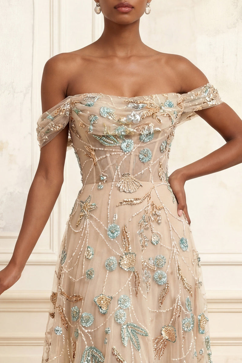 Laden Sie das Bild in den Galerie-Viewer, A Linie Glitzernder Champagner Perlenstickerei Langes Korsett Blumen Ballkleid
