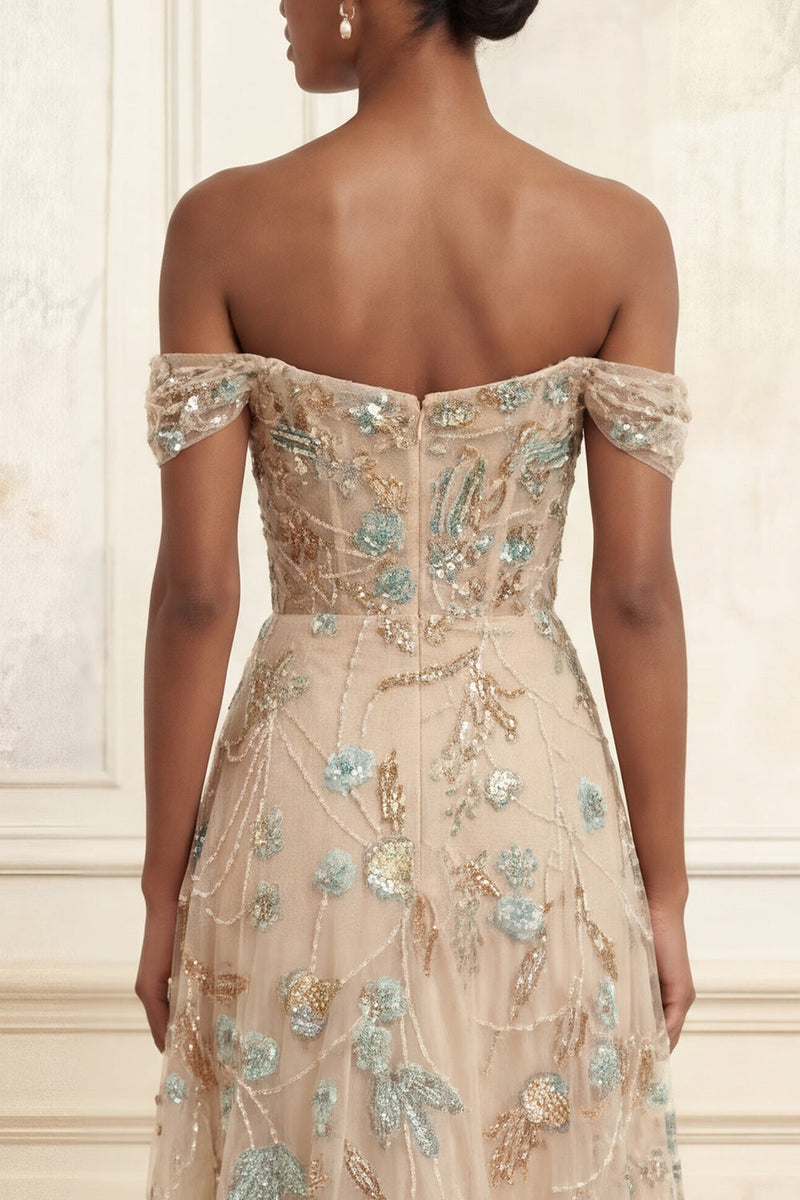 Laden Sie das Bild in den Galerie-Viewer, A Linie Glitzernder Champagner Perlenstickerei Langes Korsett Blumen Ballkleid