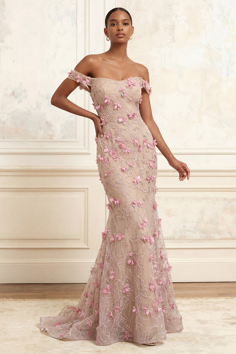 Laden Sie das Bild in den Galerie-Viewer, Blumen Perlenstickerei Glitzerndes Rosa Lang Schulterfrei Meerjungfrauen Ballkleid