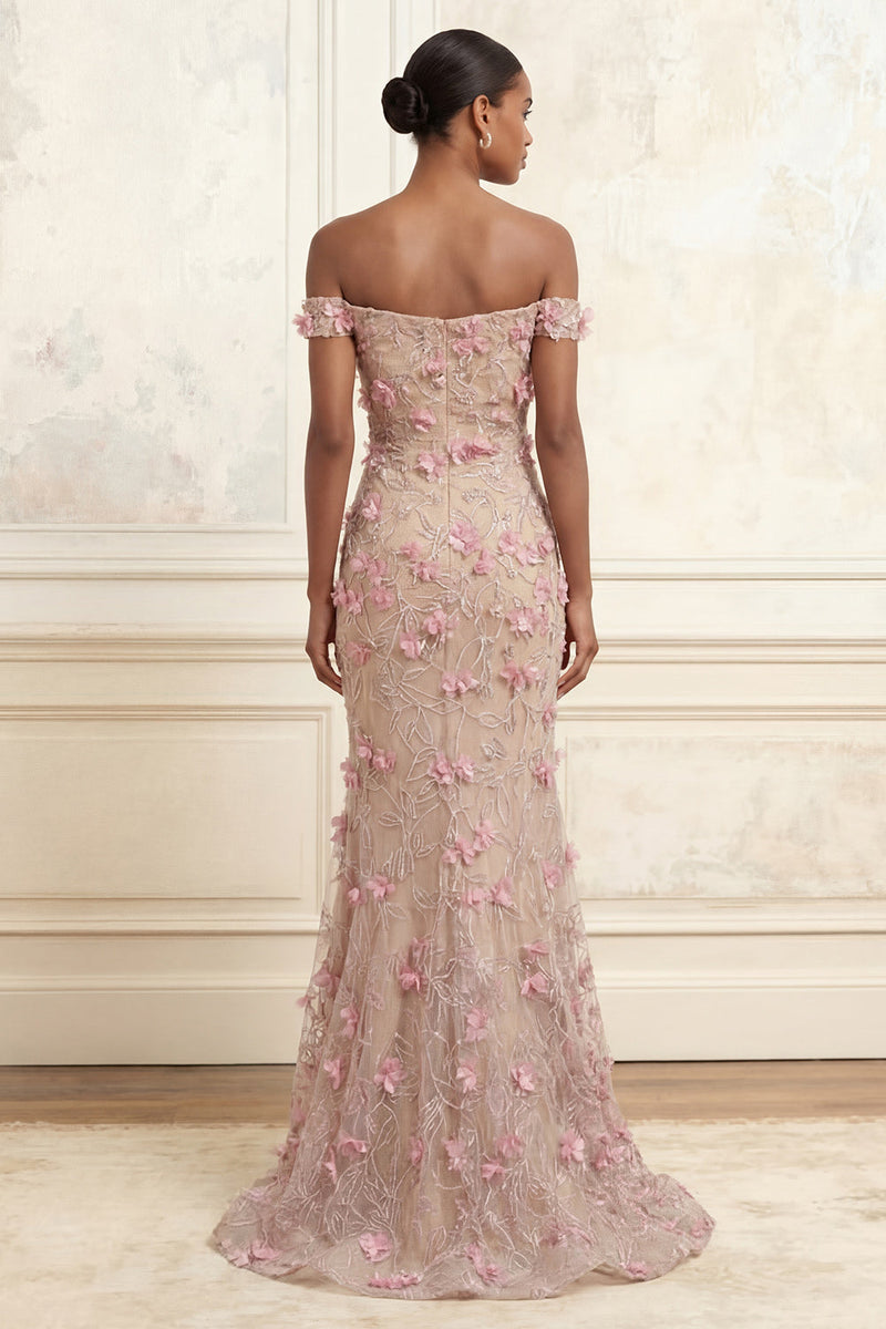 Laden Sie das Bild in den Galerie-Viewer, Blumen Perlenstickerei Glitzerndes Rosa Lang Schulterfrei Meerjungfrauen Ballkleid