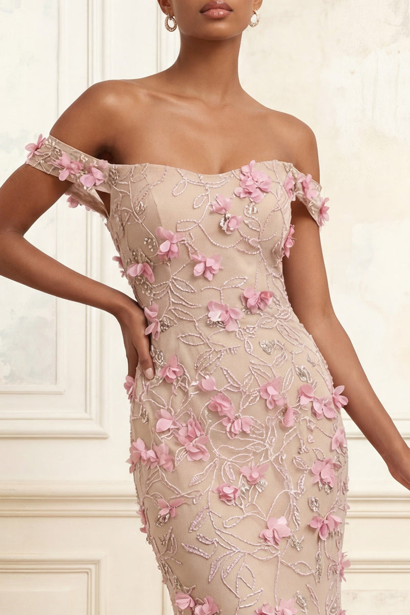 Laden Sie das Bild in den Galerie-Viewer, Blumen Perlenstickerei Glitzerndes Rosa Lang Schulterfrei Meerjungfrauen Ballkleid