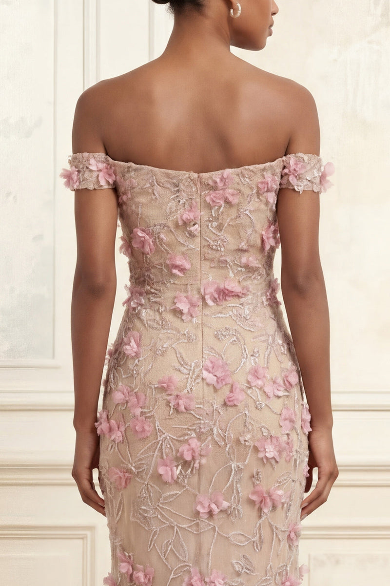 Laden Sie das Bild in den Galerie-Viewer, Blumen Perlenstickerei Glitzerndes Rosa Lang Schulterfrei Meerjungfrauen Ballkleid