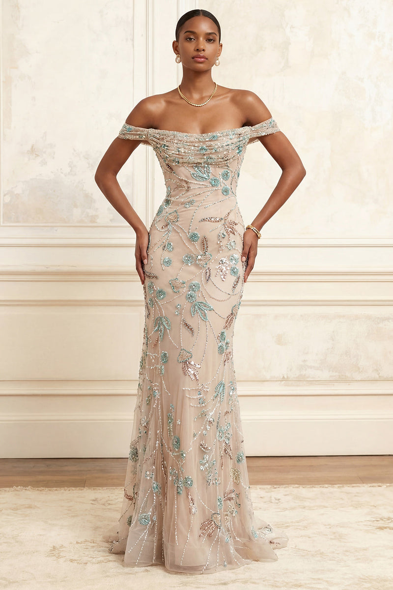 Laden Sie das Bild in den Galerie-Viewer, Lang Blumen Glitzernder Champagner Perlenstickerei Schulterfrei Ballkleid