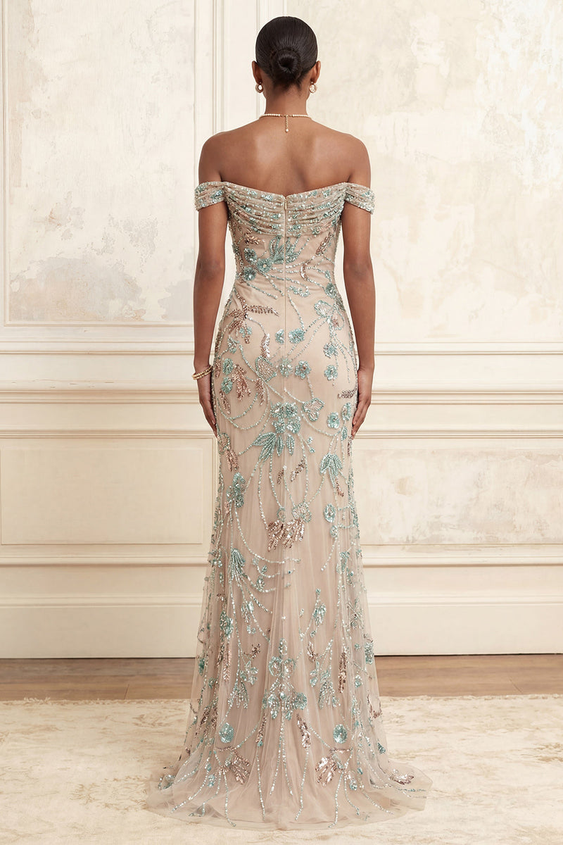 Laden Sie das Bild in den Galerie-Viewer, Lang Blumen Glitzernder Champagner Perlenstickerei Schulterfrei Ballkleid