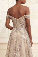 Laden Sie das Bild in den Galerie-Viewer, Lang Blumen A Linie Glitzernder Champagner Perlenstickerei Ballkleid mit Cape