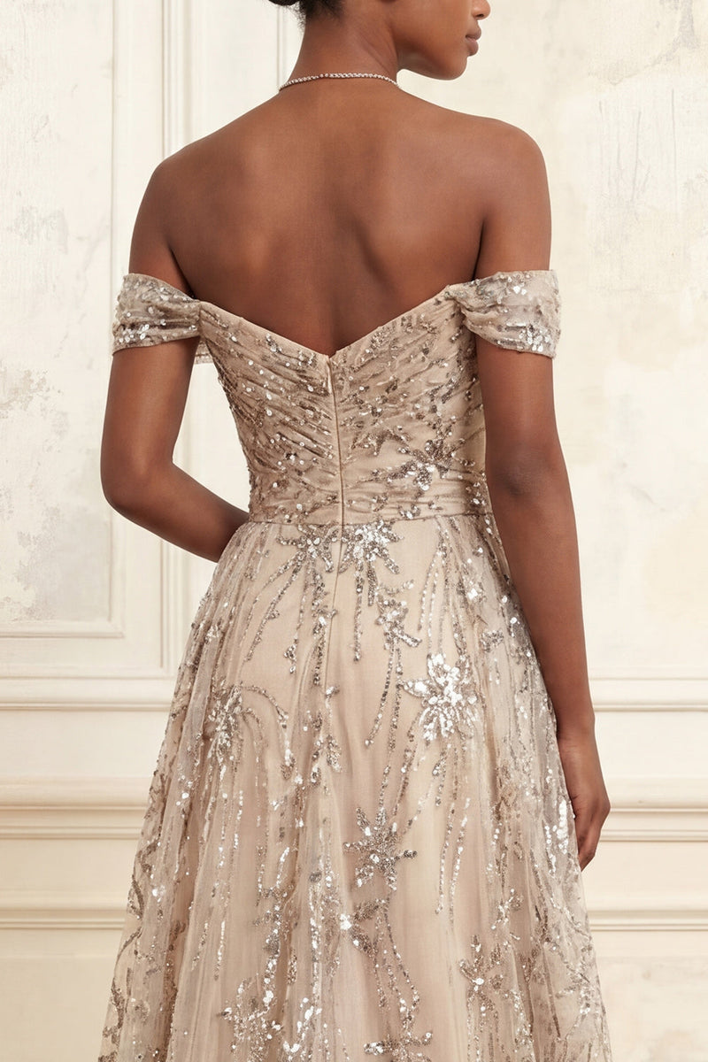 Laden Sie das Bild in den Galerie-Viewer, Lang Blumen A Linie Glitzernder Champagner Perlenstickerei Ballkleid mit Cape