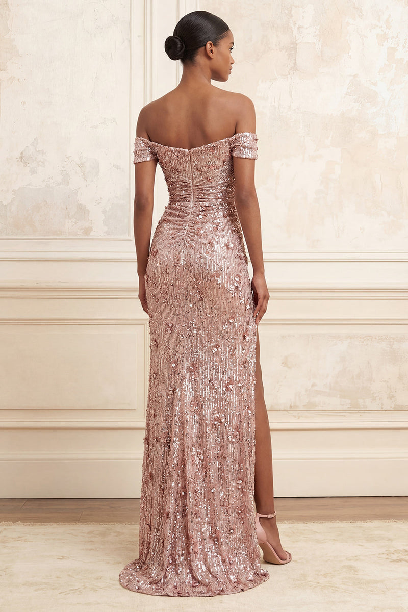 Laden Sie das Bild in den Galerie-Viewer, Perlenstickerei Schulterfrei Glitzernder Errötende Lang Blumen Ballkleid mit Schlitz