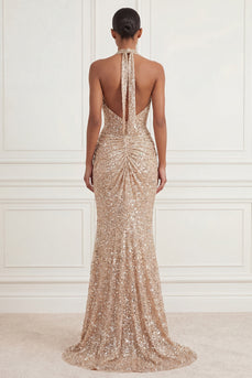 Glitzernder Champagner Lang Halfter Gerafft Perlenstickerei Ballkleid mit Schlitz