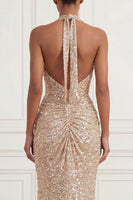 Laden Sie das Bild in den Galerie-Viewer, Glitzernder Champagner Lang Halfter Gerafft Perlenstickerei Ballkleid mit Schlitz