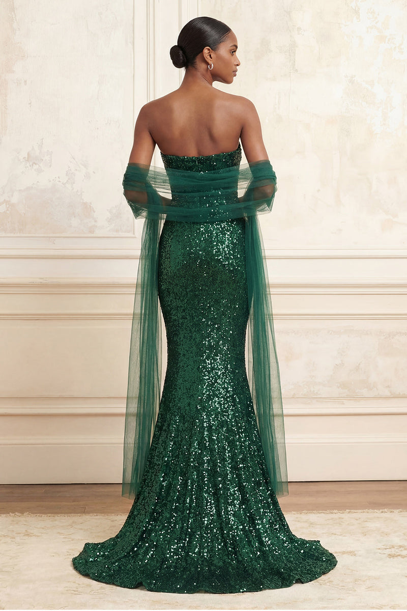 Laden Sie das Bild in den Galerie-Viewer, Trägerlos Glitzerndes Dunkelgrün Meerjungfrauen Perlenstickerei Lang Ballkleid mit Schal
