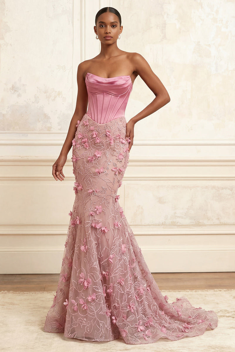Laden Sie das Bild in den Galerie-Viewer, Blumen Korsett Taillierter Schnitt Rosa Lang Trägerlos Meerjungfrauen Ballkleid