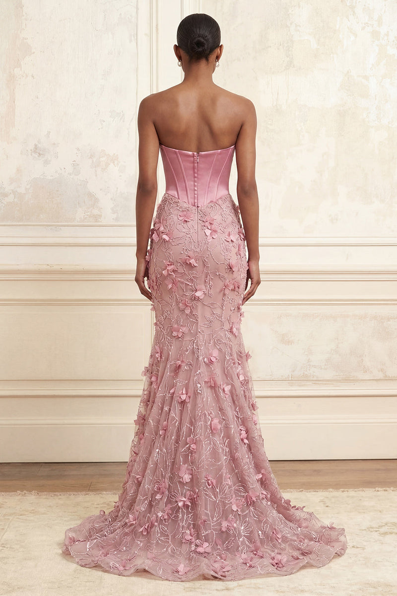 Laden Sie das Bild in den Galerie-Viewer, Blumen Korsett Taillierter Schnitt Rosa Lang Trägerlos Meerjungfrauen Ballkleid