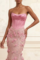 Laden Sie das Bild in den Galerie-Viewer, Blumen Korsett Taillierter Schnitt Rosa Lang Trägerlos Meerjungfrauen Ballkleid