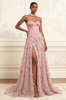 Laden Sie das Bild in den Galerie-Viewer, A Linie Blumen Korsett Rose Taillierter Schnitt Lang Ballkleid mit Schlitz