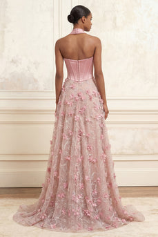 A Linie Blumen Korsett Rose Taillierter Schnitt Lang Ballkleid mit Schlitz