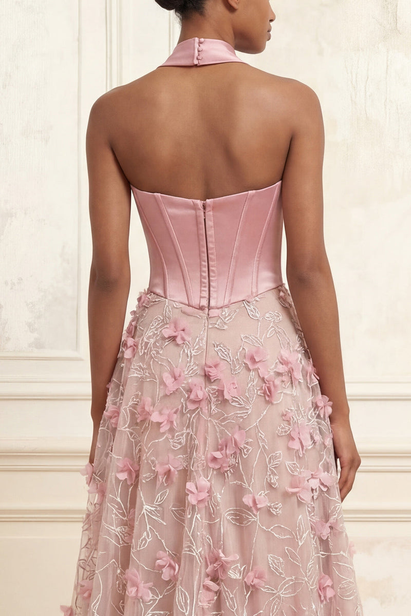 Laden Sie das Bild in den Galerie-Viewer, A Linie Blumen Korsett Rose Taillierter Schnitt Lang Ballkleid mit Schlitz