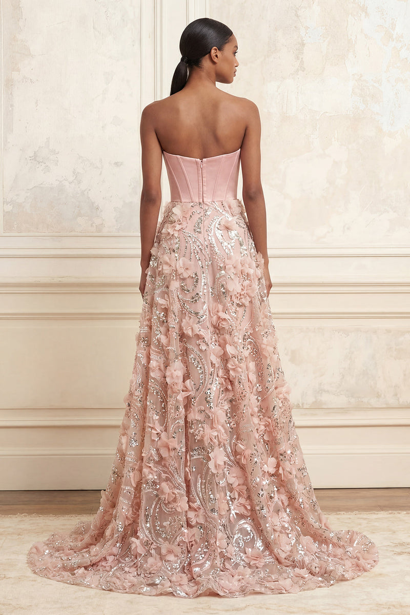 Laden Sie das Bild in den Galerie-Viewer, A Linie Blumen Korsett Glitzerndes Errötende Lang Trägerlos Ballkleid mit Perlenstickerei