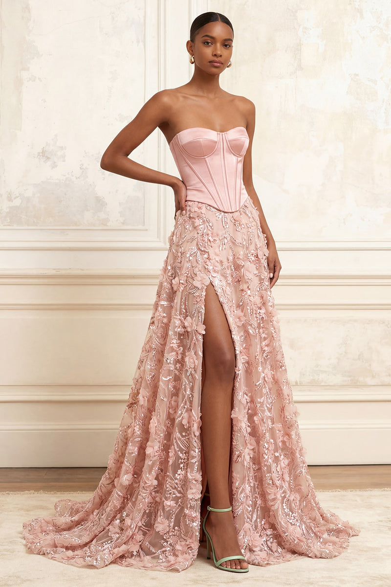Laden Sie das Bild in den Galerie-Viewer, Lang Trägerlos Perlenstickerei A Linie Blumen Korsett Glitzernd Errötende Ballkleid mit Schlitz