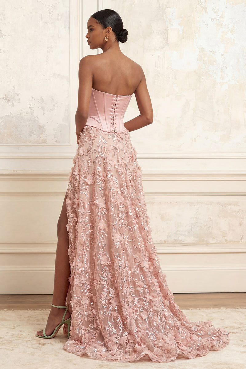 Laden Sie das Bild in den Galerie-Viewer, Lang Trägerlos Perlenstickerei A Linie Blumen Korsett Glitzernd Errötende Ballkleid mit Schlitz