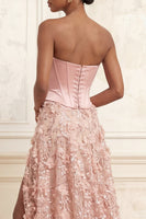 Laden Sie das Bild in den Galerie-Viewer, Lang Trägerlos Perlenstickerei A Linie Blumen Korsett Glitzernd Errötende Ballkleid mit Schlitz