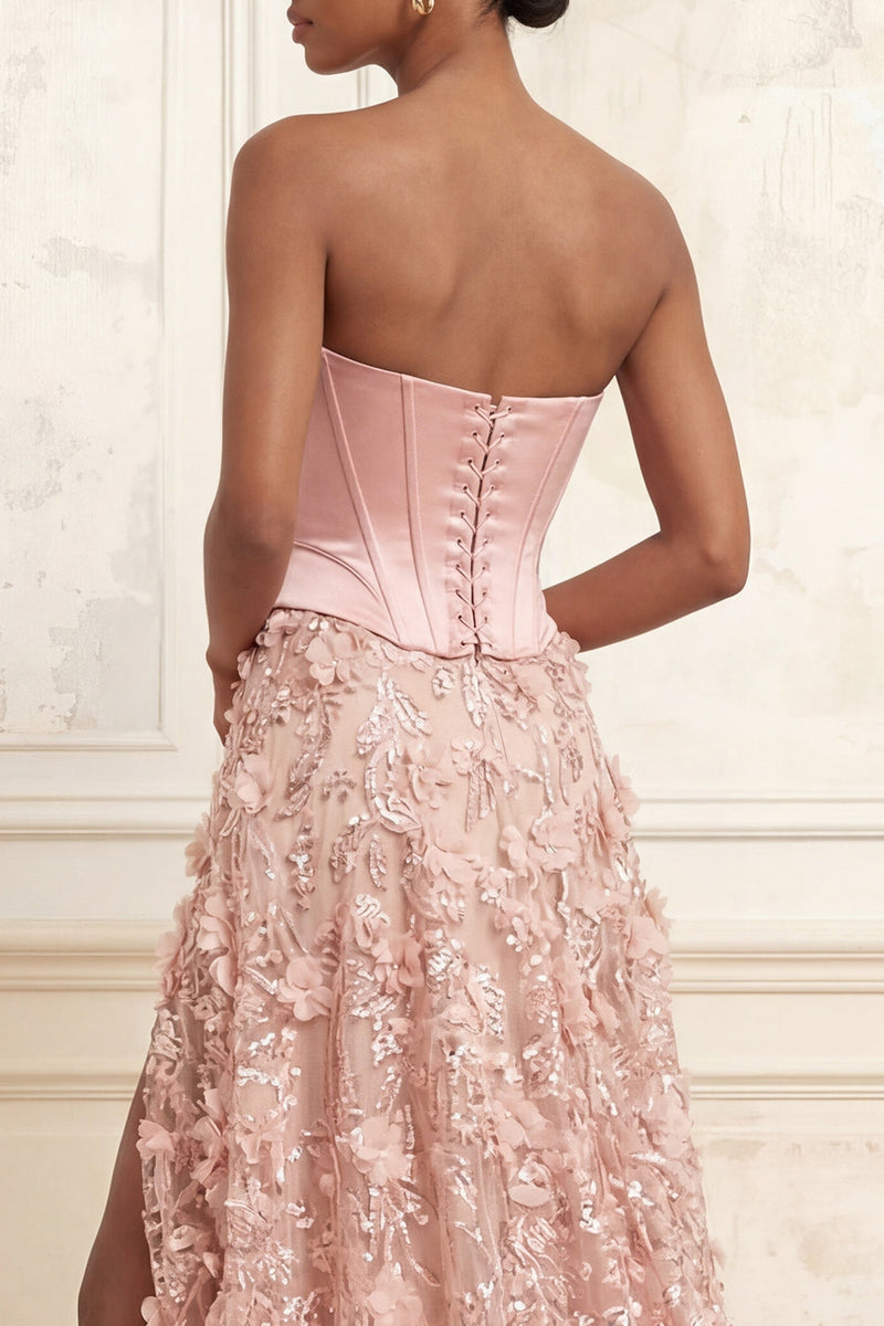 Laden Sie das Bild in den Galerie-Viewer, Lang Trägerlos Perlenstickerei A Linie Blumen Korsett Glitzernd Errötende Ballkleid mit Schlitz
