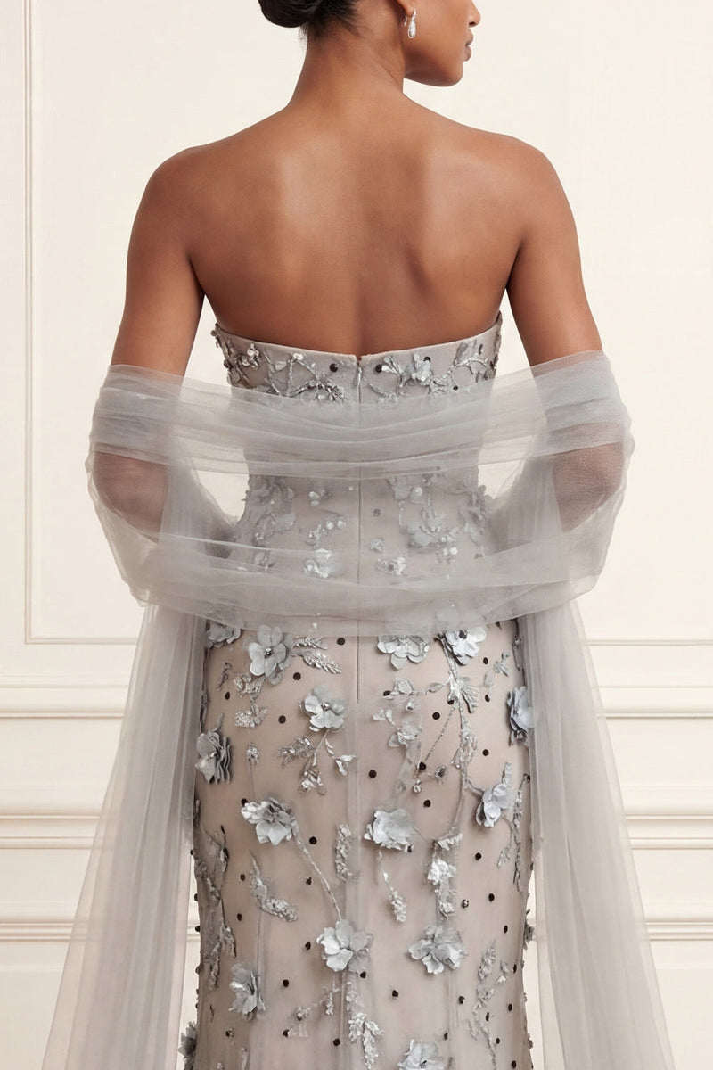 Laden Sie das Bild in den Galerie-Viewer, Blumen Silber Lang Trägerloses Meerjungfrauenkleid Ballkleid mit Schal