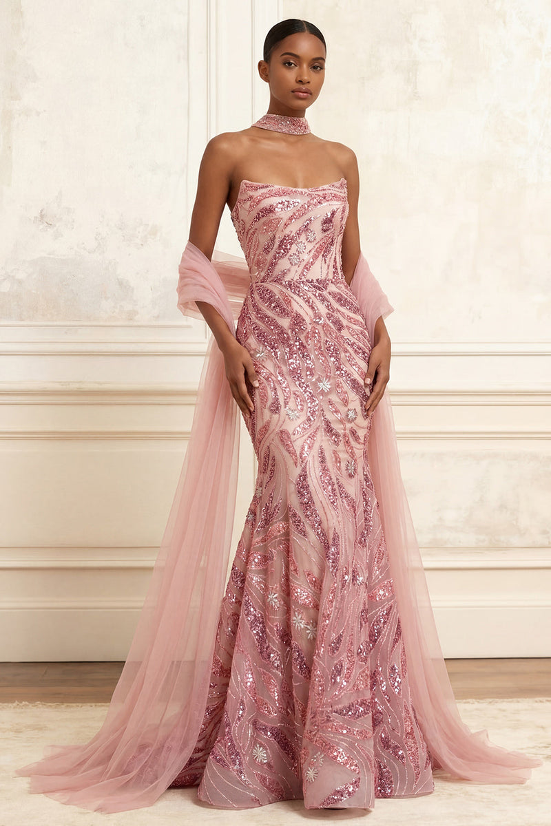 Laden Sie das Bild in den Galerie-Viewer, Trägerloses Glitzerndes Rosa Lang Meerjungfrau Perlenstickerei Ballkleid mit Schal