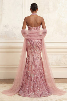Trägerloses Glitzerndes Rosa Lang Meerjungfrau Perlenstickerei Ballkleid mit Schal