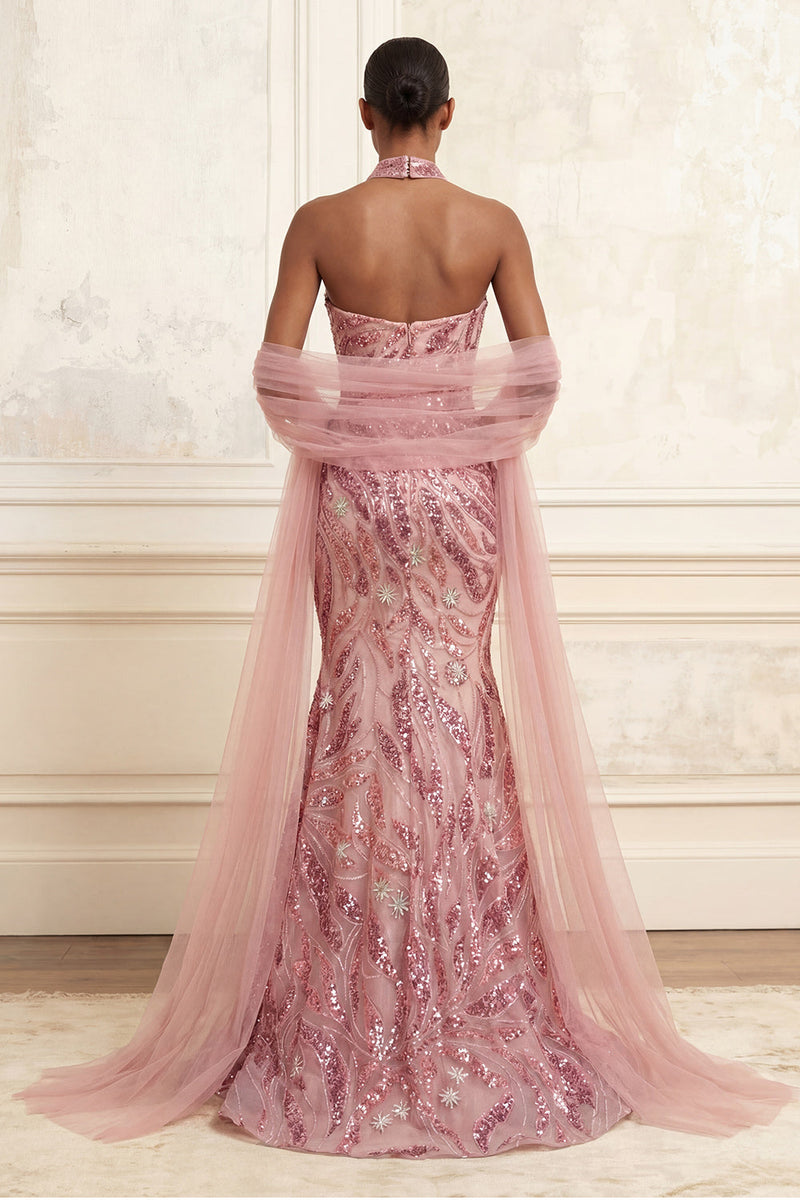 Laden Sie das Bild in den Galerie-Viewer, Trägerloses Glitzerndes Rosa Lang Meerjungfrau Perlenstickerei Ballkleid mit Schal