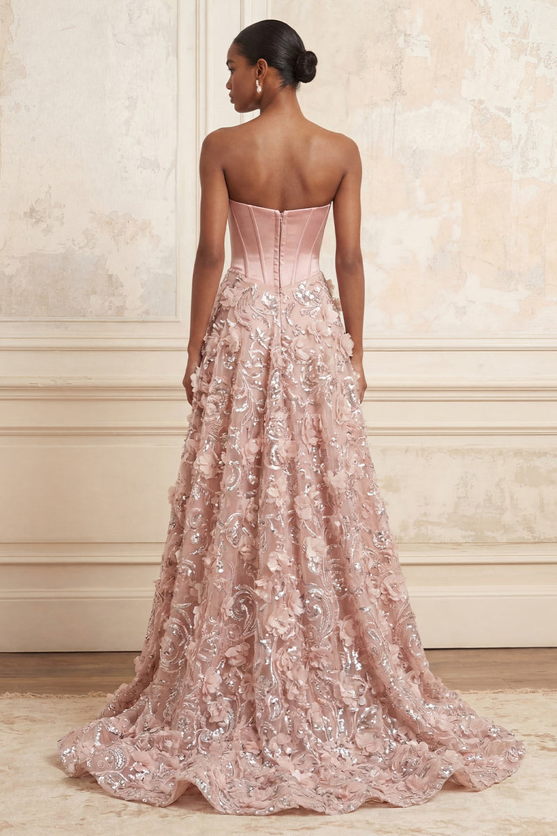 Laden Sie das Bild in den Galerie-Viewer, Glitzernde Errötende Lang Trägerloses A Linie Blumen Taillierter Schnitt Korsett Perlenstickerei Ballkleid