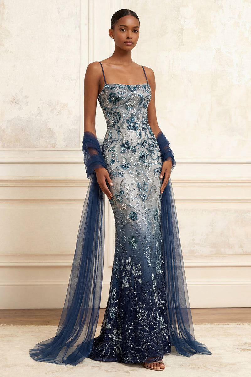 Laden Sie das Bild in den Galerie-Viewer, Spaghettiträger Glitzerndes Marineblau Lang Blumen Perlenstickerei Ballkleid mit Schal