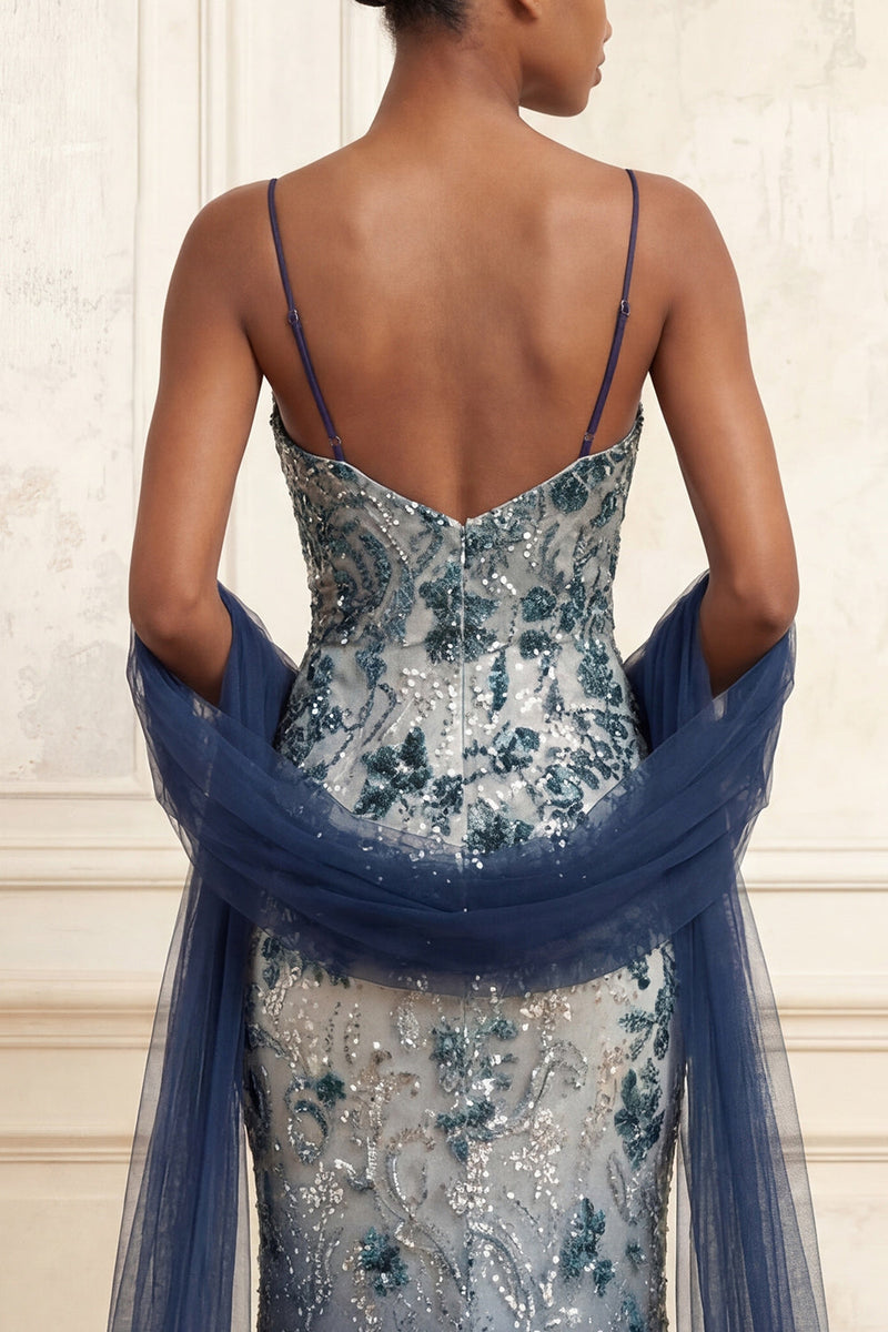 Laden Sie das Bild in den Galerie-Viewer, Spaghettiträger Glitzerndes Marineblau Lang Blumen Perlenstickerei Ballkleid mit Schal