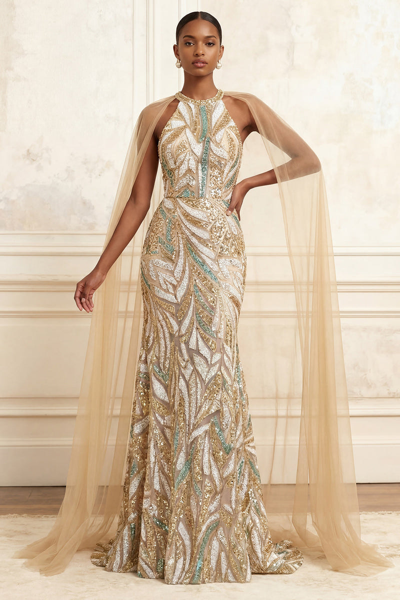 Laden Sie das Bild in den Galerie-Viewer, Hoher Kragen Glitzernder Champagner Lang Perlenstickerei Ballkleid mit Cape