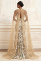 Laden Sie das Bild in den Galerie-Viewer, Hoher Kragen Glitzernder Champagner Lang Perlenstickerei Ballkleid mit Cape