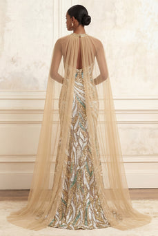 Hoher Kragen Glitzernder Champagner Lang Perlenstickerei Ballkleid mit Cape