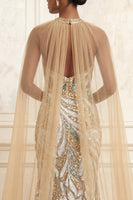 Laden Sie das Bild in den Galerie-Viewer, Hoher Kragen Glitzernder Champagner Lang Perlenstickerei Ballkleid mit Cape