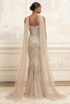 Glitzernde Aprikose Lang Perlenstickerei Spaghettiträger Ballkleid mit Schal