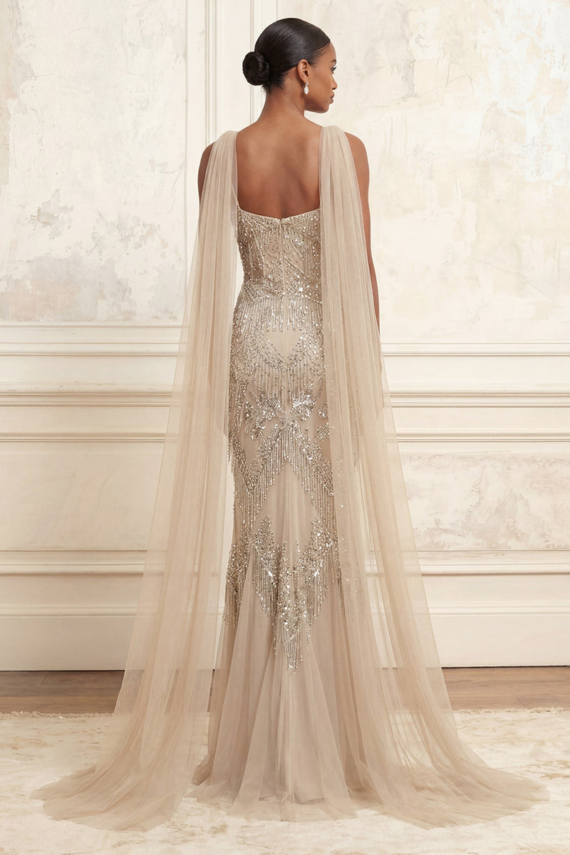 Laden Sie das Bild in den Galerie-Viewer, Glitzernde Aprikose Lang Perlenstickerei Spaghettiträger Ballkleid mit Schal