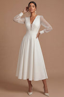 Laden Sie das Bild in den Galerie-Viewer, Leely Women A Line White V Neck Midi Engagement Dress Long Sleeves Ruched Wedding Reception Dress
