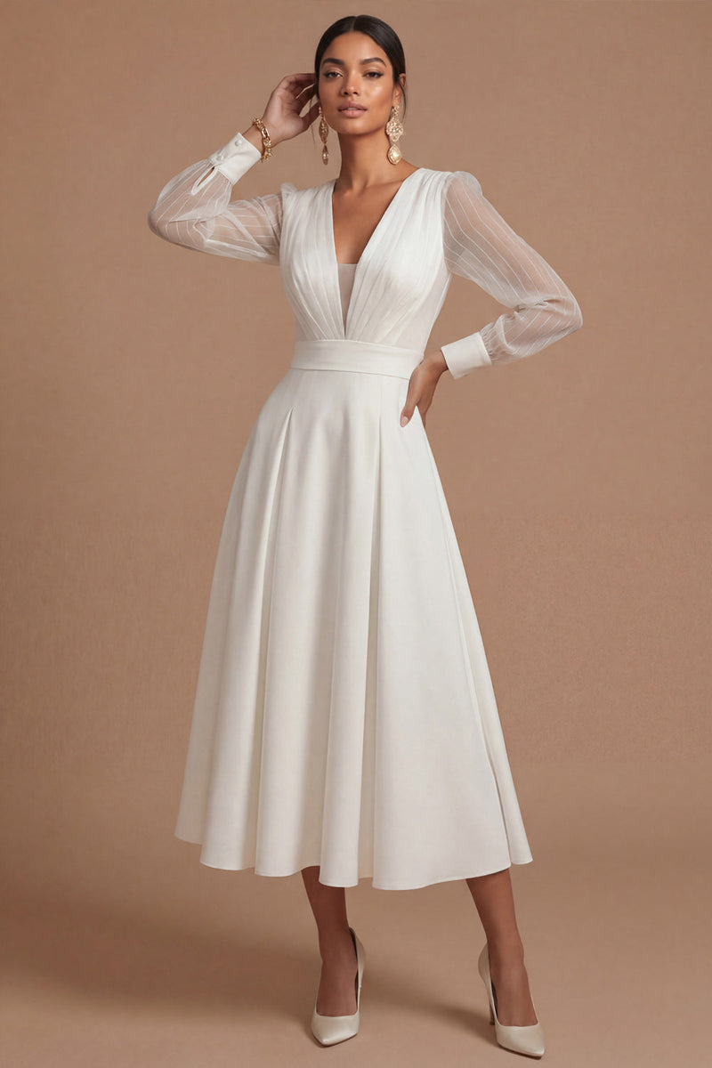 Laden Sie das Bild in den Galerie-Viewer, Leely Women A Line White V Neck Midi Engagement Dress Long Sleeves Ruched Wedding Reception Dress