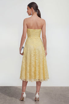 Gerafft Spitze Blumen Buttergelb A Linie Liebling Maksi Kleid für Hochzeitsgäste