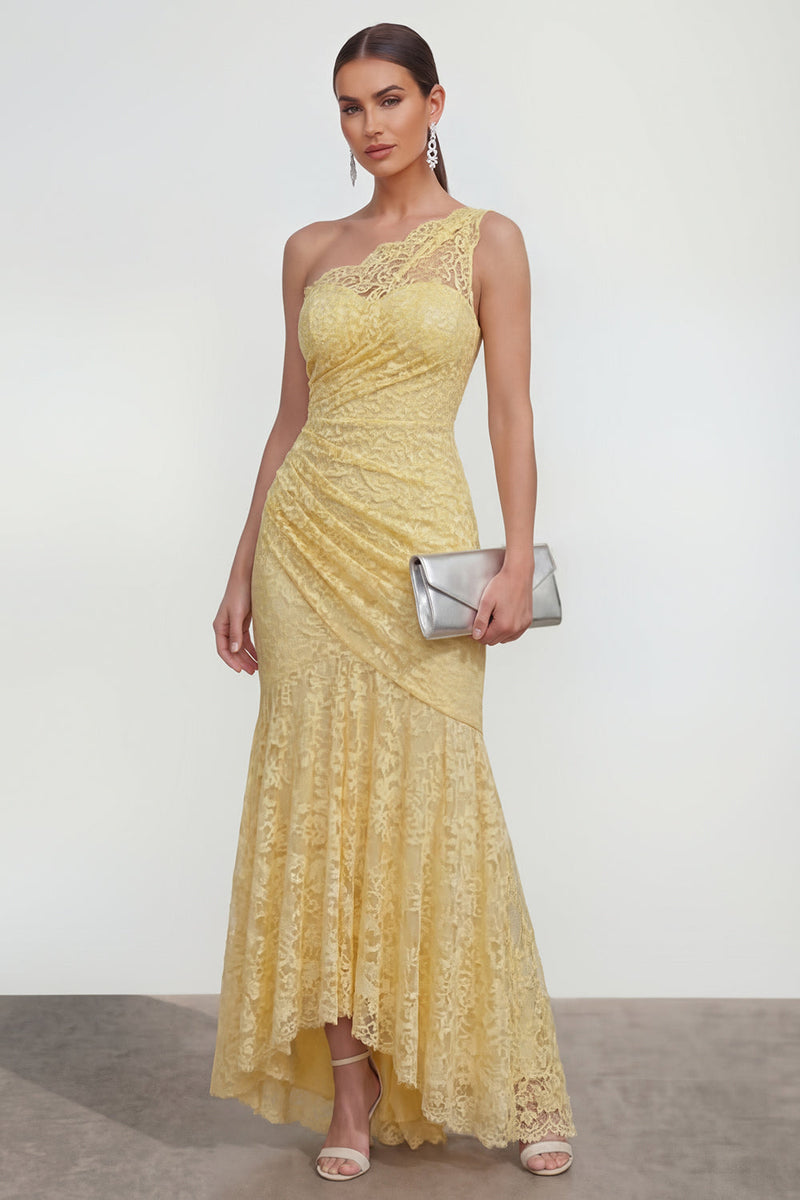 Laden Sie das Bild in den Galerie-Viewer, Meerjungfrau Gerafft Spitze Blumen Buttergelb Asymmetrisch Kleid für Hochzeitsgäste