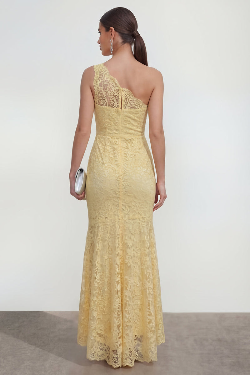 Laden Sie das Bild in den Galerie-Viewer, Meerjungfrau Gerafft Spitze Blumen Buttergelb Asymmetrisch Kleid für Hochzeitsgäste