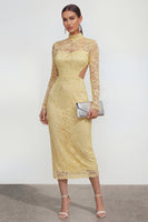 Laden Sie das Bild in den Galerie-Viewer, Spitze Blumen Buttergelb Figurbetont Ausschneiden Midi Hochzeitsgästekleid mit Rückenschlitz