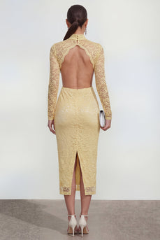 Spitze Blumen Buttergelb Figurbetont Ausschneiden Midi Hochzeitsgästekleid mit Rückenschlitz