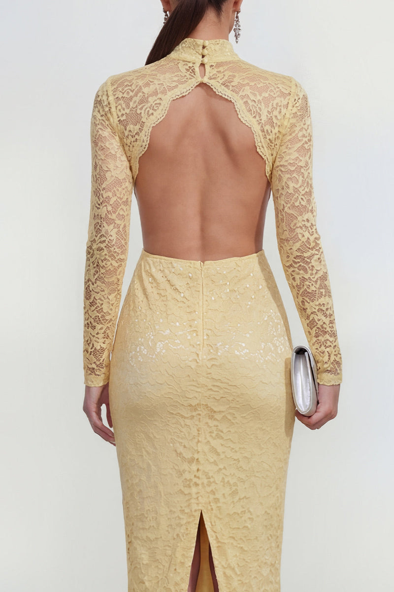 Laden Sie das Bild in den Galerie-Viewer, Spitze Blumen Buttergelb Figurbetont Ausschneiden Midi Hochzeitsgästekleid mit Rückenschlitz